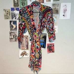 JOSIE NATORI BRIGHT COLORFUL ABSTRACT FLORAL PRINT 3/4 SLEEVE COVER UP ROBE WRAP